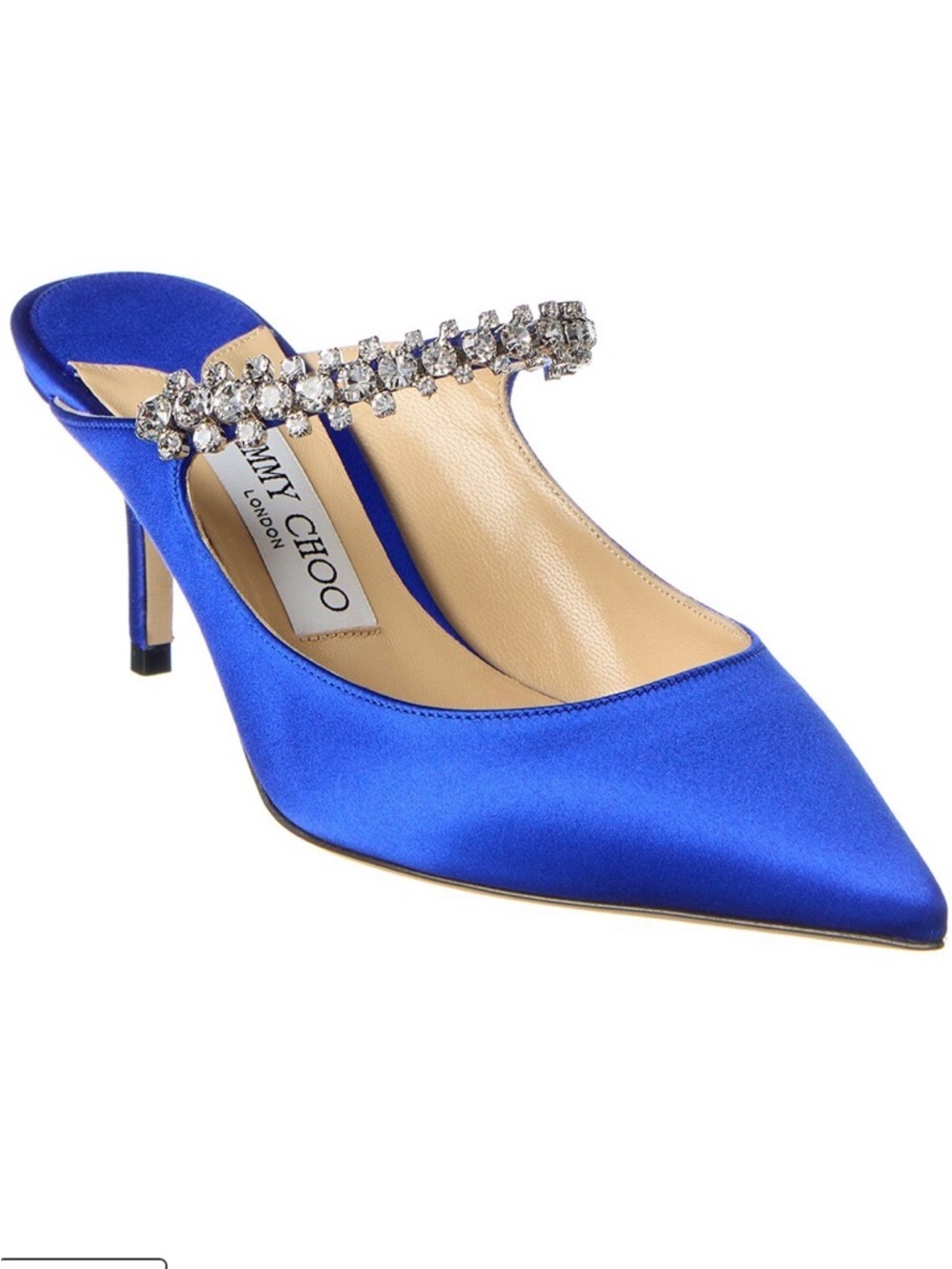 Jimmy Choo Bing 65 Cobalt Blue Pointed Satin Mules with Crystal Strap. NIB